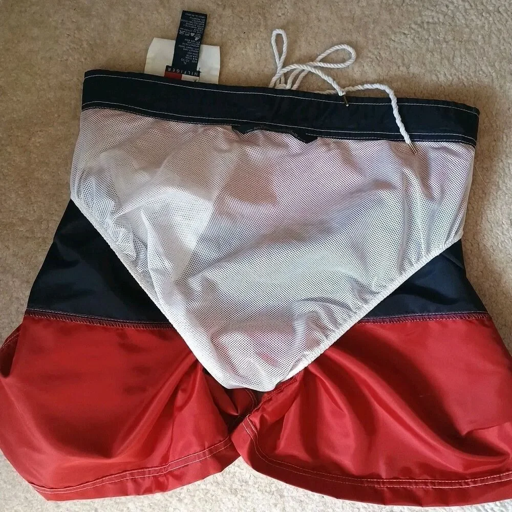 Tommy Hilfiger Mens Swim Trunks XL Vintage Style Board Shorts Red Blue NWT READ